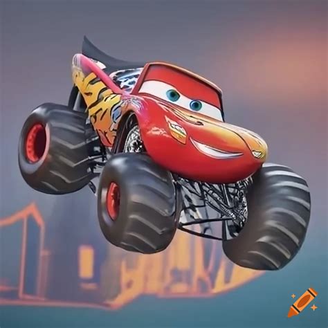 Monster truck lightning mcqueen driving over jackson storm and chick ...