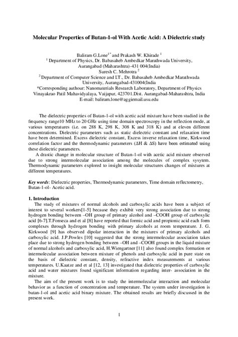 (PDF) Molecular Properties of Butan-1-ol With Acetic Acid: A Dielectric ...