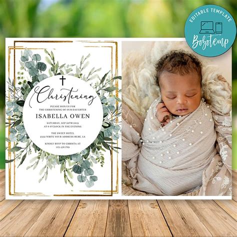 Editable Greenery Gold Christening Invitation Template With Photo ...