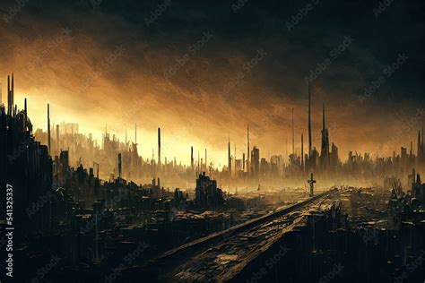 Panorama of dystopian sci-fi city / Digital artwork of futuristic post ...