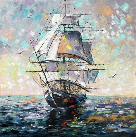 Ship Sunset Oil Painting, Blue Sea Wall Art, Sail Boat Home Decor ...