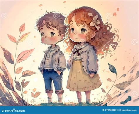 Portrait of Cute Anime Kids, Autumn Watercolor Painting, Boy and Girl ...