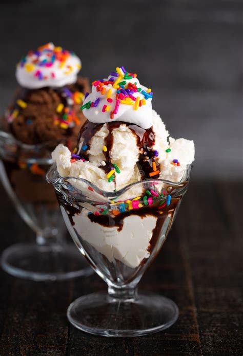 Chocolate and Vanilla Ice Cream Sundaes in Glass Bowls Stock Image ...