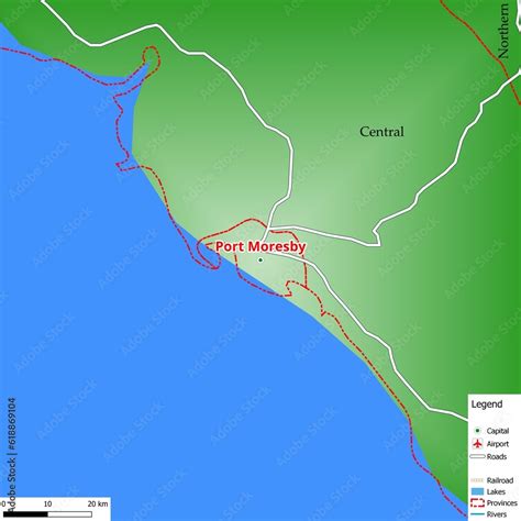 Map of the capital city Port Moresby with main streets, rivers, lakes ...