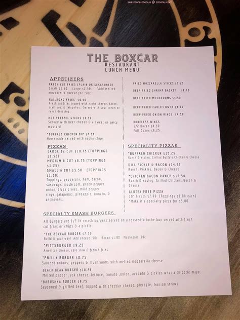 Menu at The Boxcar Restaurant LLC, Lilly