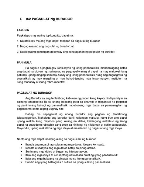 Pagsulat NG Burador - ........ - I.#4: PAGSULAT Ng BURADOR LAYUNIN ...