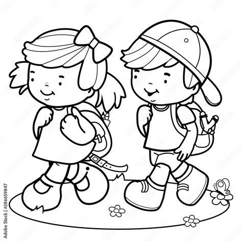 Children students walk to school. Vector black and white coloring page ...