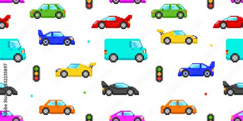 Pixel Art Cars seamless pattern. 8-bit game style pixel graphics city ...