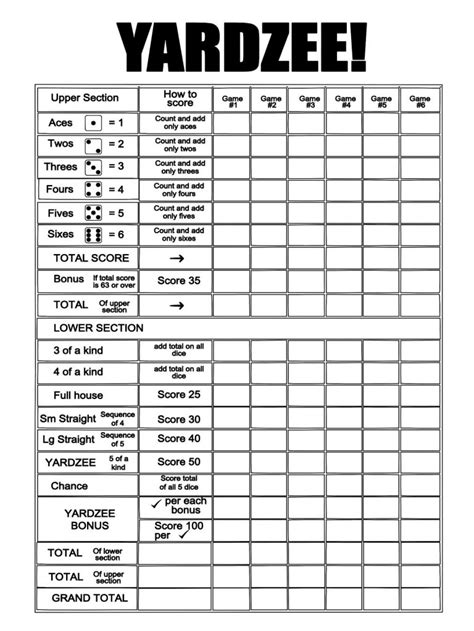 Yahtzee Printable Score Cards