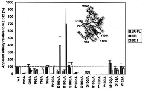 Alanine-scanning mutagenesis of CDR H3 of b12. Bars indicate the ...