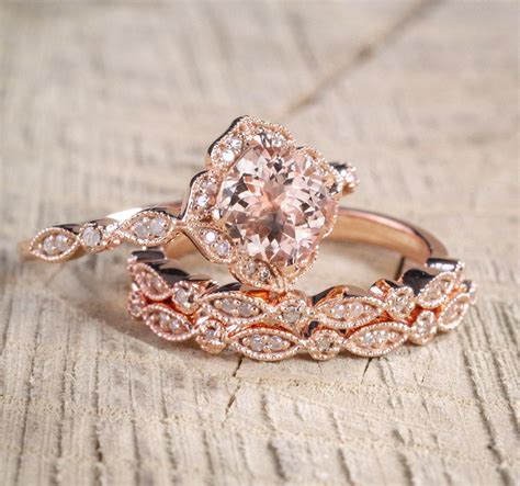 2 carat Morganite and Diamond Trio Wedding Bridal Ring Set in 10k Rose ...