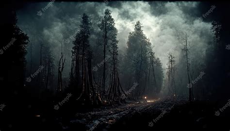 Premium AI Image | Terrible effects of large forest fire at night woodland