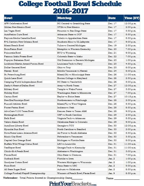 Ncaa Football Bowl Schedule Printable Web Holiday Bowl San Diego, Calif.