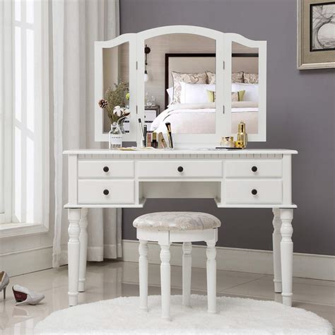 Buy Makeup Vanity Table with Tri-Folding Mirror Dressing Table White ...