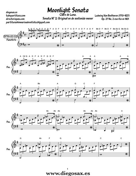 tubescore: Moonlight Sonata Piano Easy Sheet Music by Beethoven in key ...