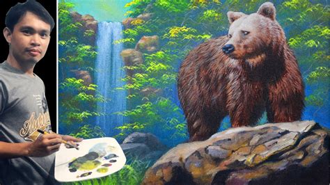 Acrylic Painting Tutorial Brown Bear on a Rock and the Waterfall by JM ...