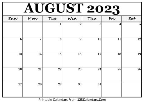 August 2023 Calendar Printable