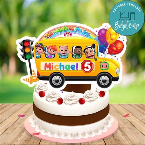 Printable Cocomelon the wheels on the bus Birthday Cake Topper Template ...