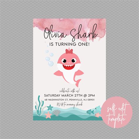 Baby Girl Shark Custom Invitation Baby Shark Invite Party Baby Shark ...