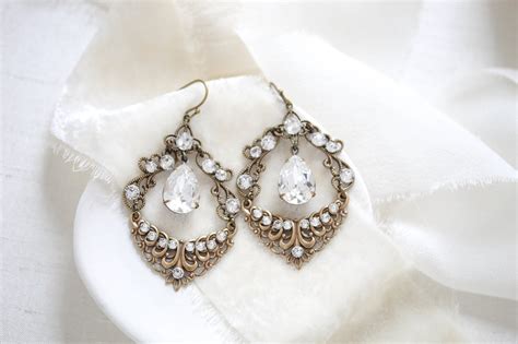 Antique gold Crystal Chandelier Bridal earrings – Treasures by Agnes