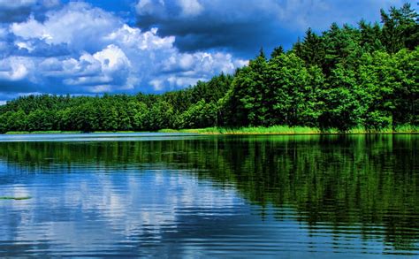 Reflecting Lake, forest, trees, sky, clouds, lake, water, green, bright ...