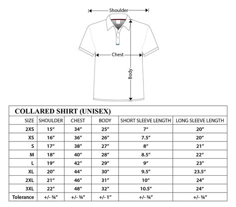 Standard T Shirt Size Chart