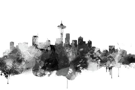 Black and white Seattle Skyline Painting by Dim Dom