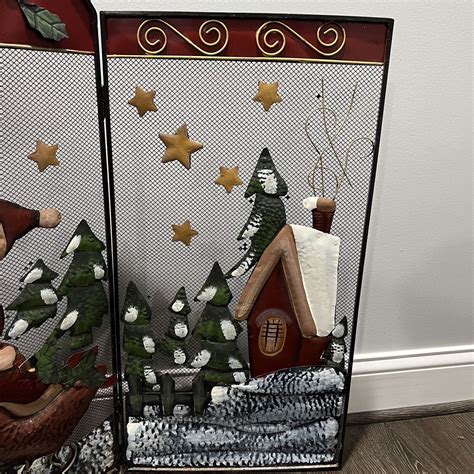 Christmas Holiday Folding Metal Fireplace Screen Santa Sleigh Reindeer ...