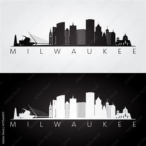 Milwaukee usa skyline and landmarks silhouette, black and white design ...