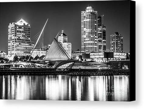 Picture of Milwaukee Skyline at Night in Black and White Canvas Print ...