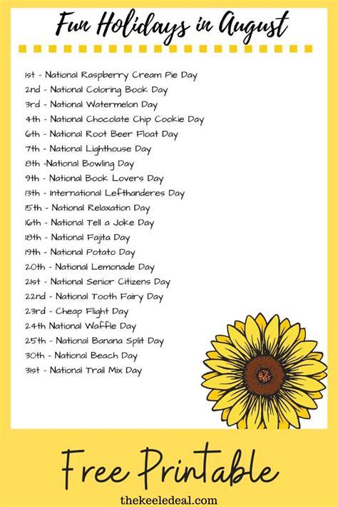 Fun and Random Holidays in August (Free Printable List) - The Keele ...