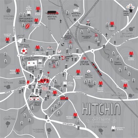 Framed Hitchin Map Print. Illustrated map of Hitchin, Hertfordshire ...