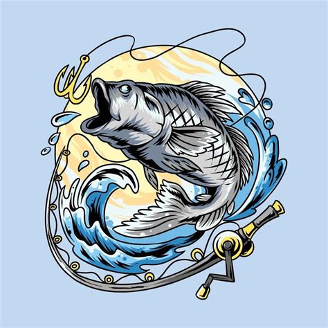 fishing pole and great salmon and great sea bass vector | Angler fish ...