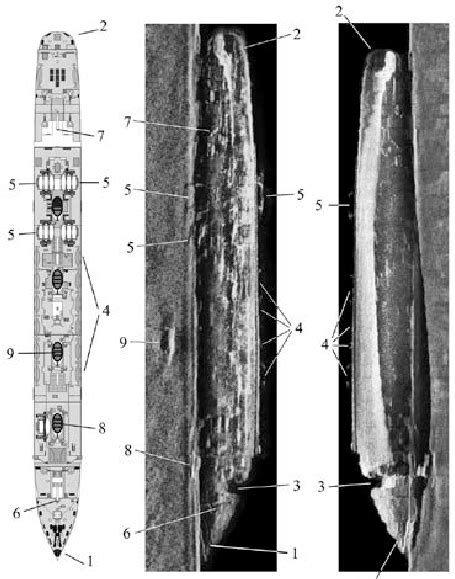 A plan view diagram of the Britannic and an interpreted sonograph of ...