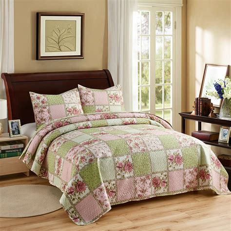 Pink Green Flowers Printed 3 Piece Quilt Bedding Set Full | Free Nude ...