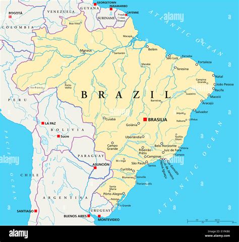 Brazil Political Map with capital Brasilia, national borders, most ...