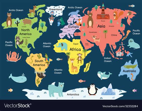 Map world with cute animals colorful Royalty Free Vector