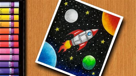 Rocket in space drawing for beginners with colours - YouTube