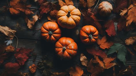 Pumpkins And Leaves On A Wooden Table Background, Fall Picture ...