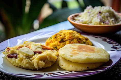 Premium AI Image | Hearty breakfast of freshlymade arepas and eggs ...