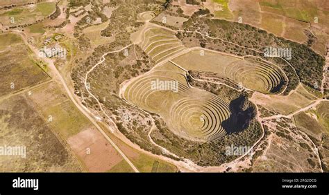 Aerial view of Moray Archeological site. Inca ruins of several terraced ...