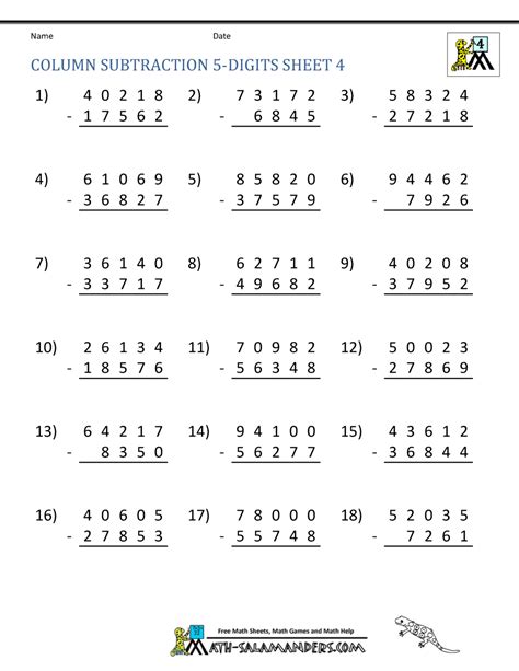 5 Digit Subtraction Worksheets