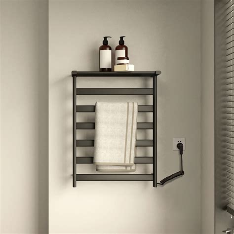 Black Wall-Mount Electric Towel Warmer Heated Towel Rack with Top Shelf ...