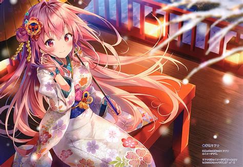 Anime girl, pink hair, kimono, lantern, night, pretty, red eyes, Anime ...