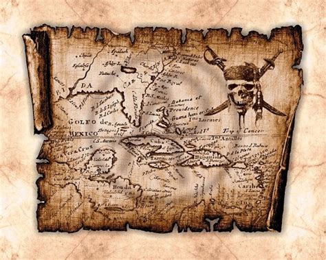 Pirates Art Map of Caribbean Old Parchment, Old Map Pirate of Caribbean ...