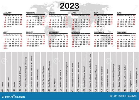 Calendrier 2023 Avec La Carte Du Monde Et Les Fuseaux Horaires ...