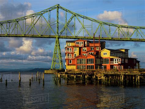 Evening light warms the Astoria-Megler Bridge; Astoria, Oregon, United ...