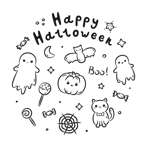 Set of kawaii hand-drawn Halloween doodles and lettering. Collection of ...