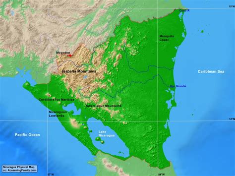 Nicaragua Physical Map - A Learning Family