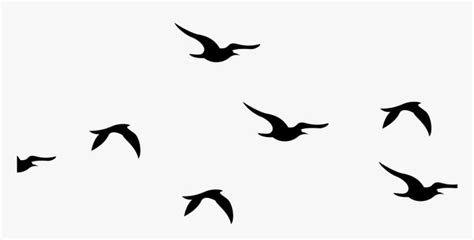 a flock of birds flying across a white sky with black silhouettes on ...